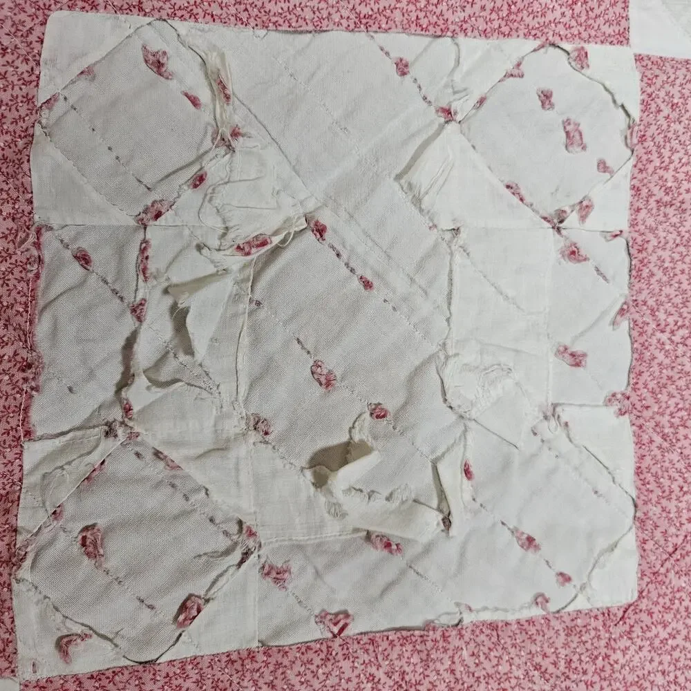 Vtg Hand pieced patchwork quilt 80X80 Chimney sweep design damage stains READ